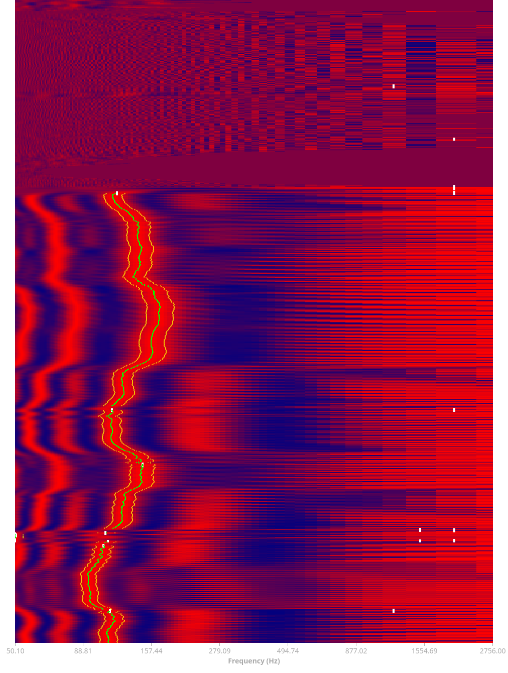 Screenshot of the AutoTune visualization. Note the accuracy of the tracking (green) while following a vocal vibrato. Note also the many spurious detection events (white) that don’t lead to a solid track.